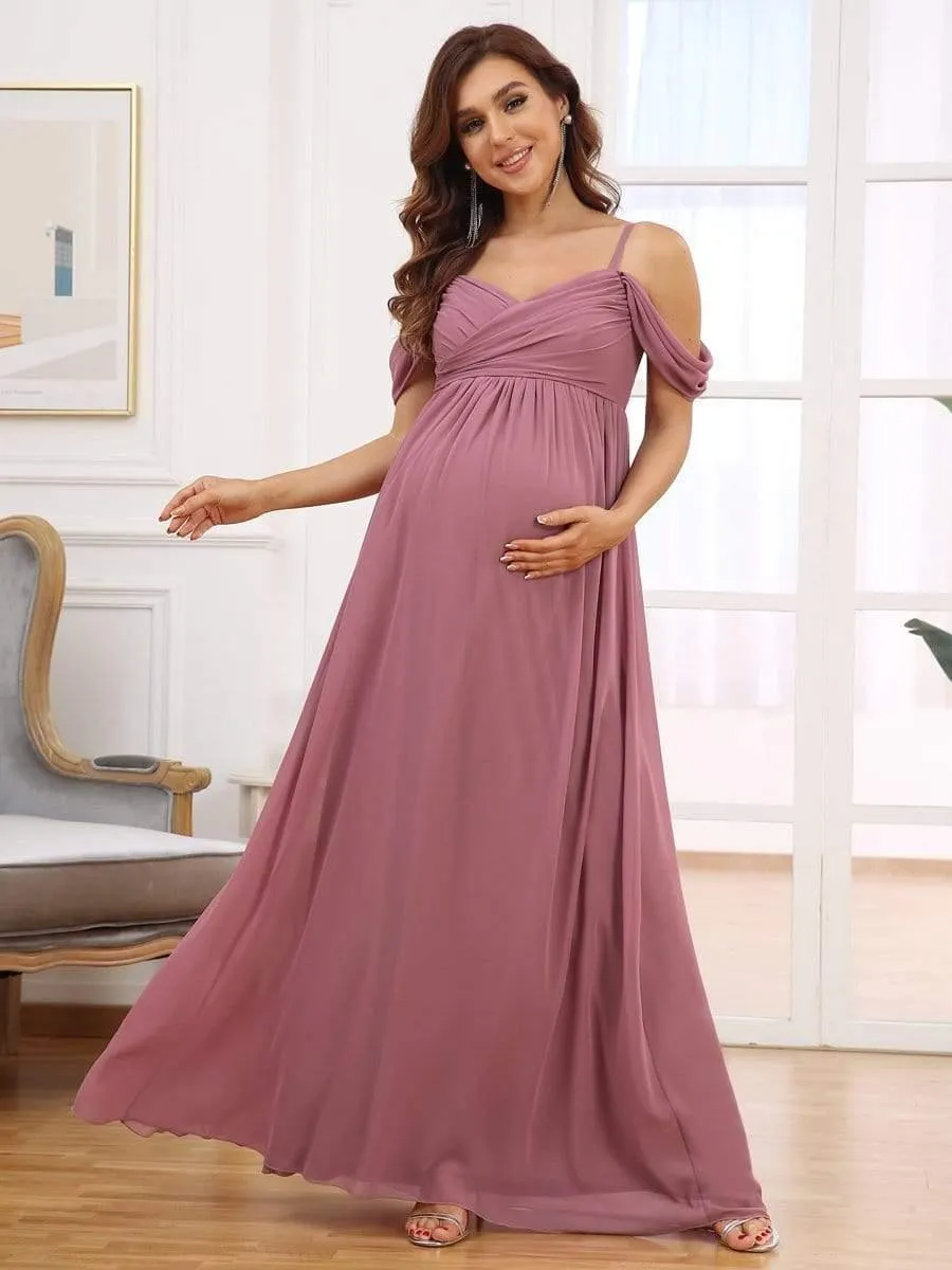 Maxi robe de maternité solide à bretelles spaghetti à épaules dénudées