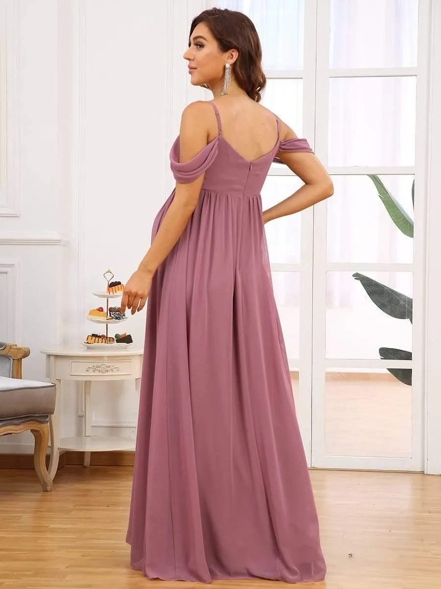 Maxi robe de maternité solide à bretelles spaghetti à épaules dénudées