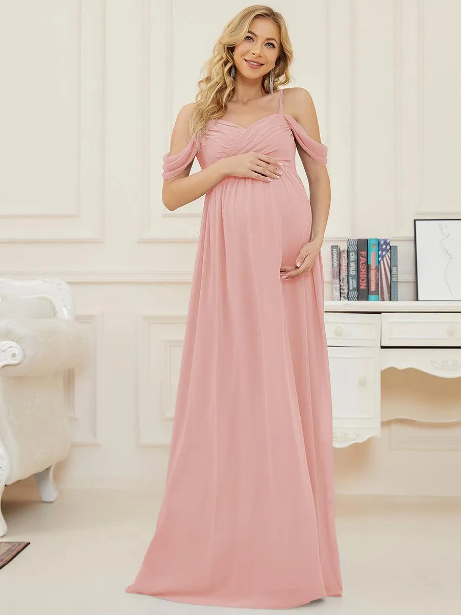 Maxi robe de maternité solide à bretelles spaghetti à épaules dénudées