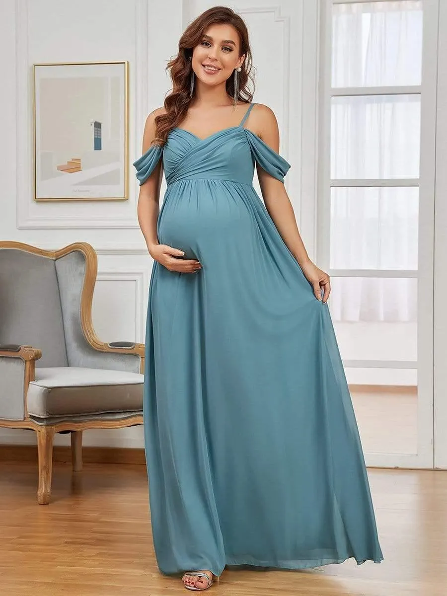 Maxi robe de maternité solide à bretelles spaghetti à épaules dénudées