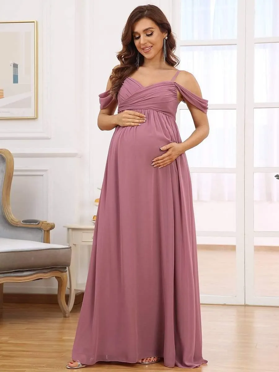 Maxi robe de maternité solide à bretelles spaghetti à épaules dénudées