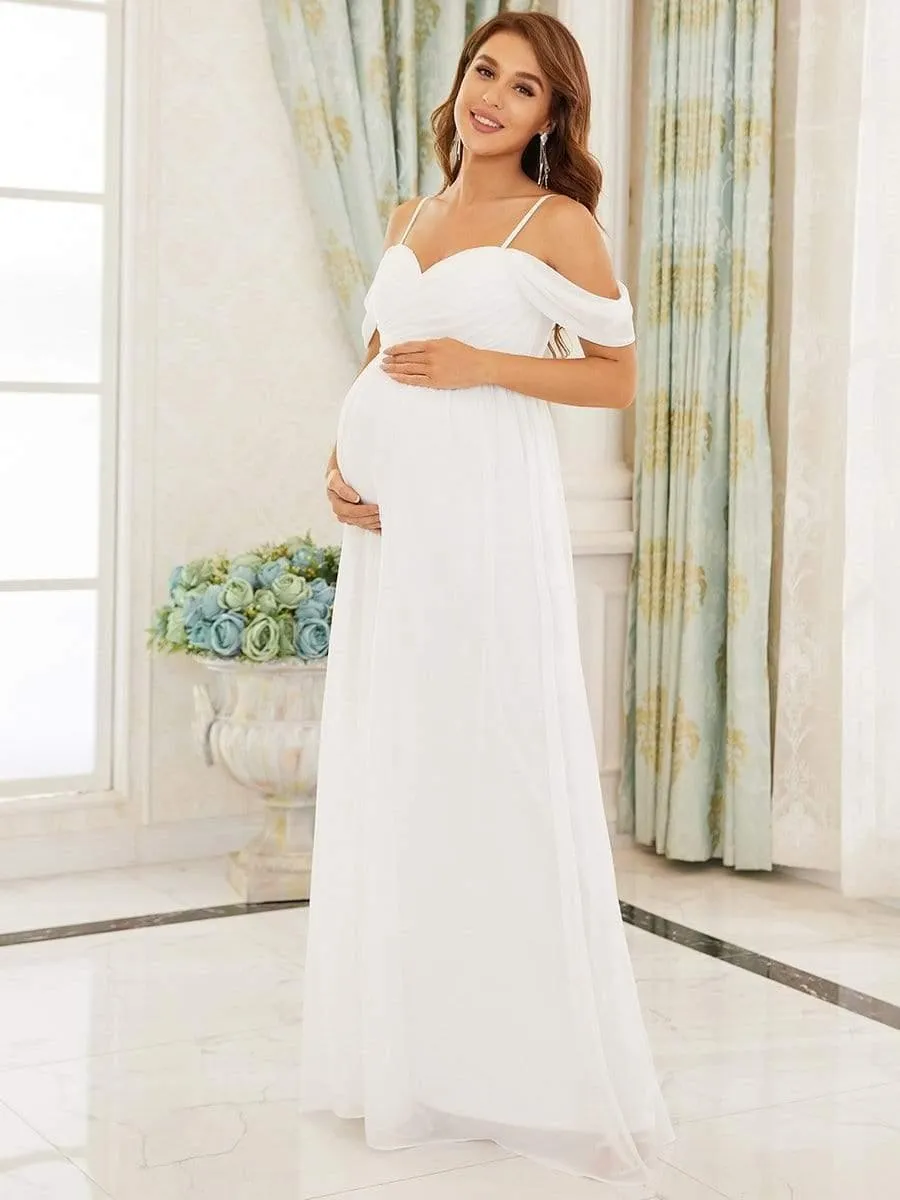 Maxi robe de maternité solide à bretelles spaghetti à épaules dénudées