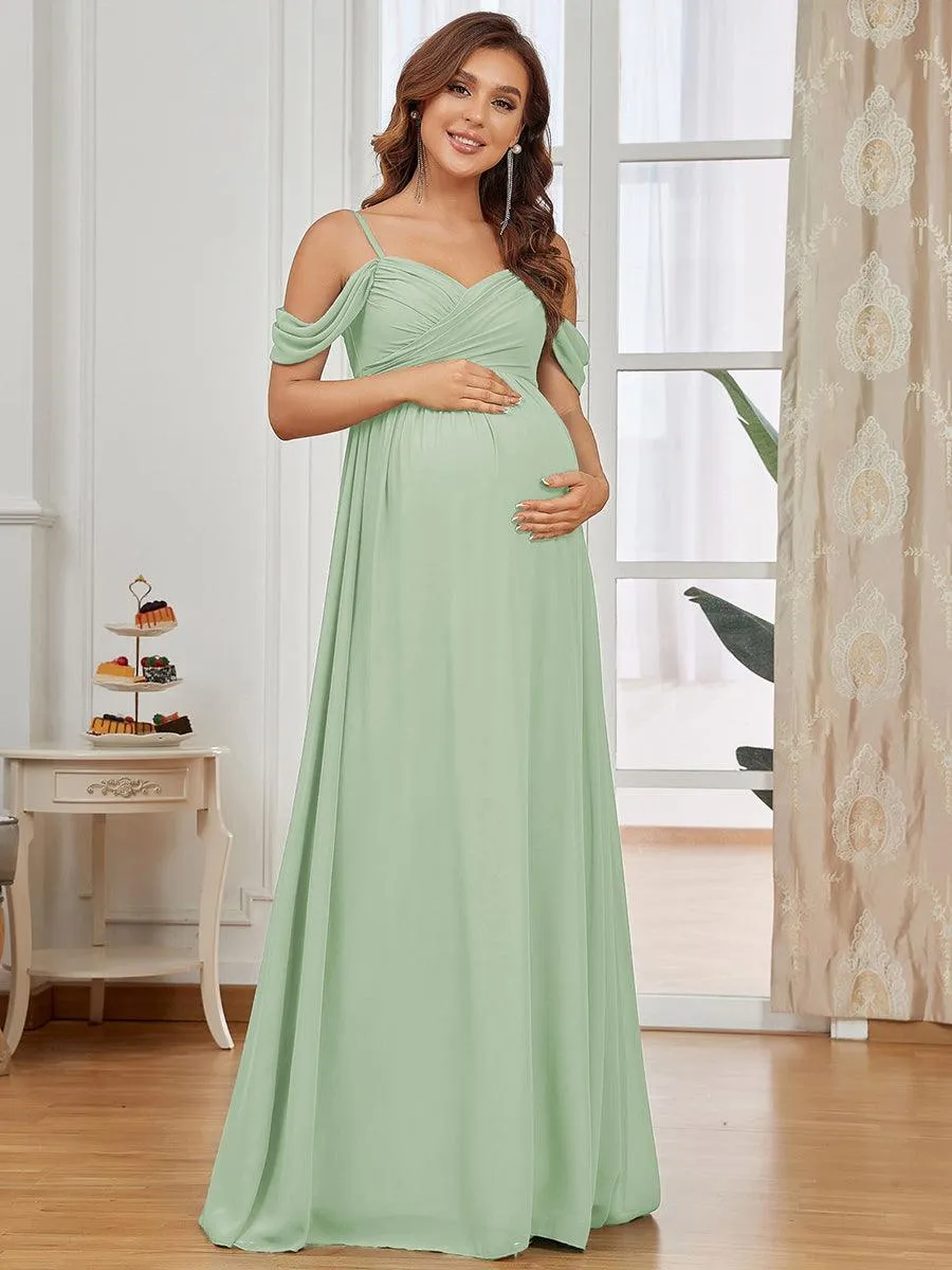 Maxi robe de maternité solide à bretelles spaghetti à épaules dénudées