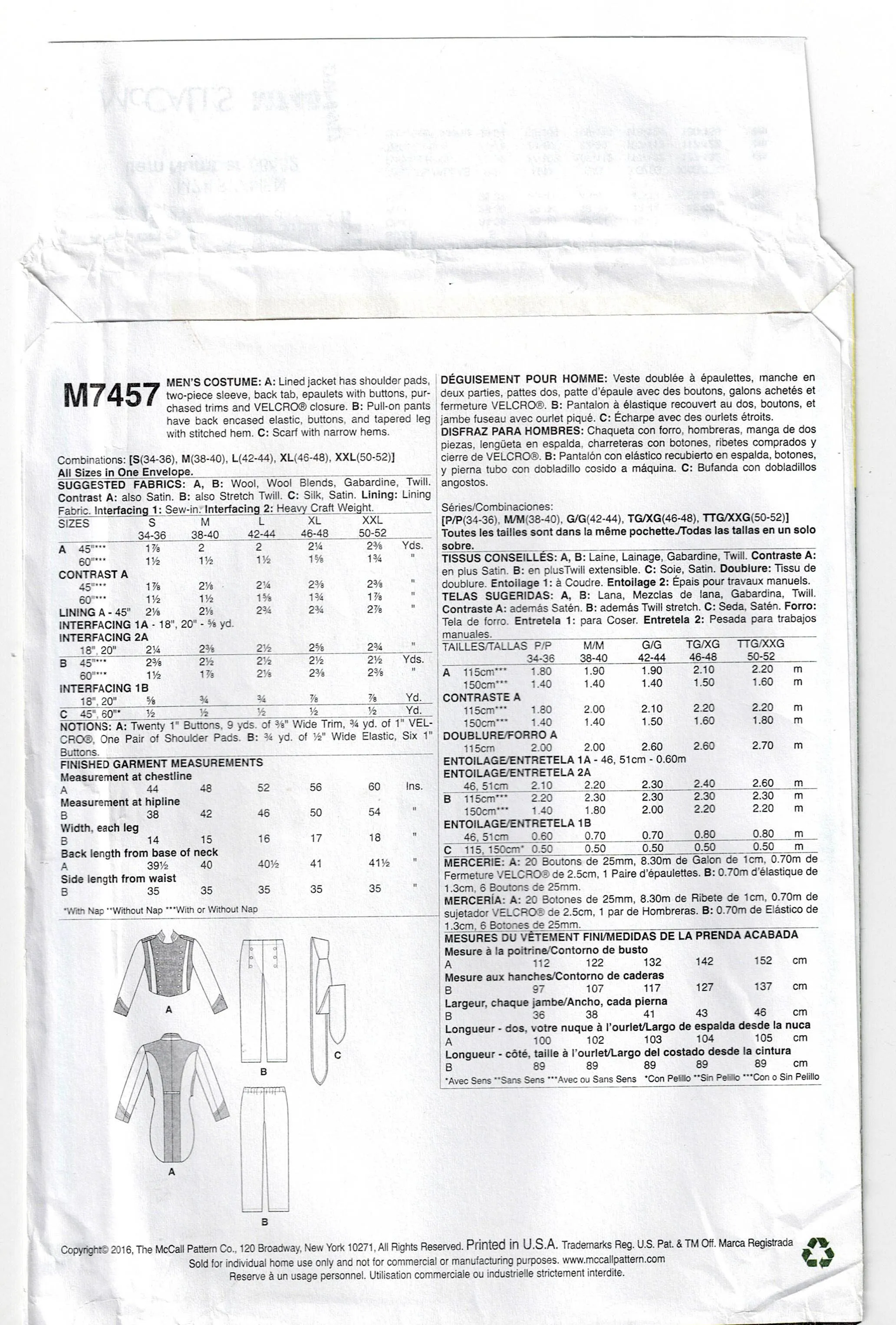 McCall's 7457 Men's Civil War Military Costume Riding Jacket Cravat & Pants Out Of Print Sewing Pattern Size S - XXL UNCUT Factory Folded