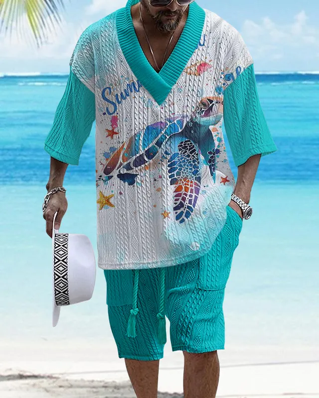 Men's V-Neck Luxury Marine Print Textured Resort Shorts Set