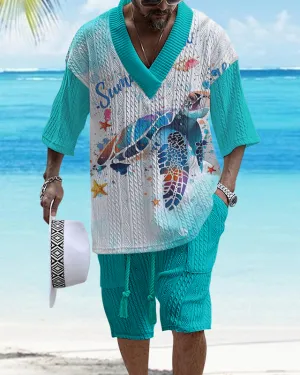 Men's V-Neck Luxury Marine Print Textured Resort Shorts Set