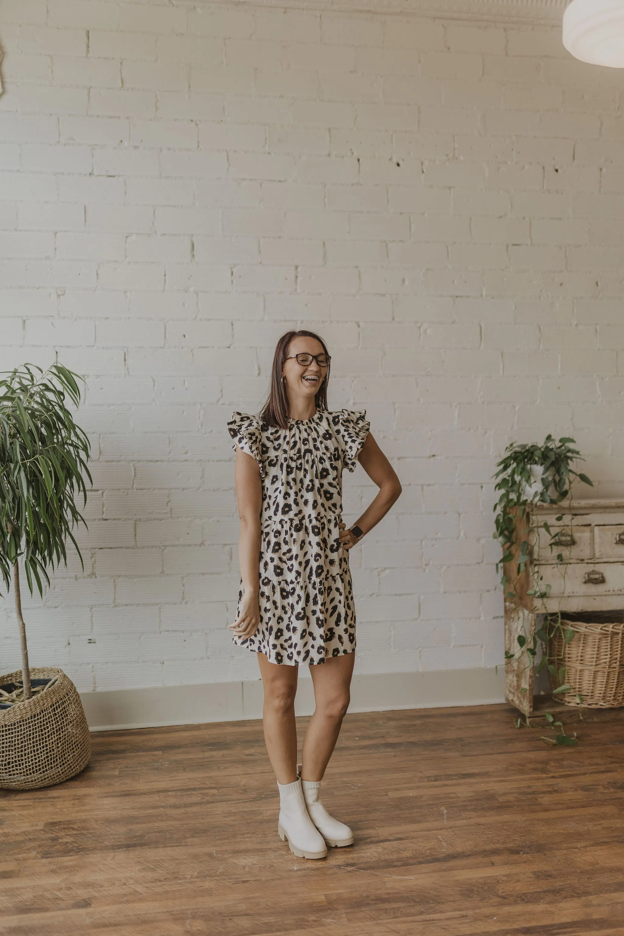 NATOSHA LEOPARD PRINT RUFFLE SLEEVE TANK DRESS