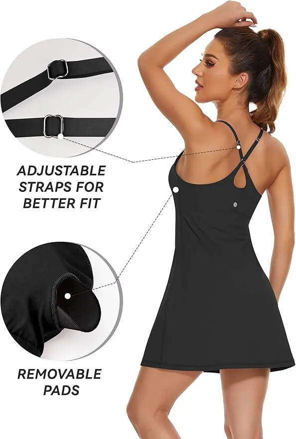 New Retails $47  Womens Tennis Dress, 2-in-1 Golf Workout Dress with Built-in Bra & Shorts Pockets, Athletic Dresses with Adjustable Strap, Black Sz S
