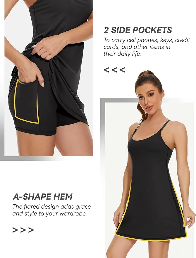 New Retails $47  Womens Tennis Dress, 2-in-1 Golf Workout Dress with Built-in Bra & Shorts Pockets, Athletic Dresses with Adjustable Strap, Black Sz S