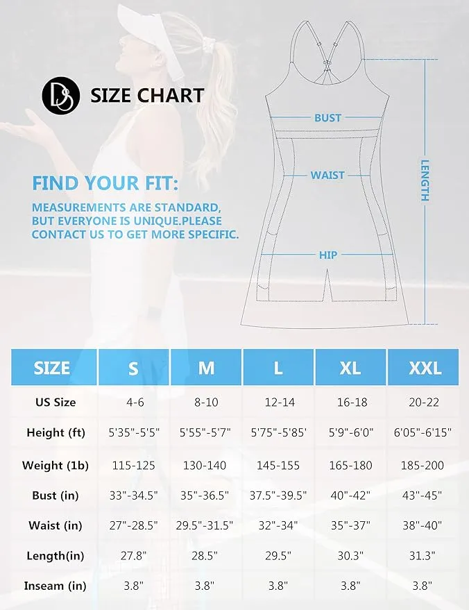New Retails $47  Womens Tennis Dress, 2-in-1 Golf Workout Dress with Built-in Bra & Shorts Pockets, Athletic Dresses with Adjustable Strap, Black Sz S