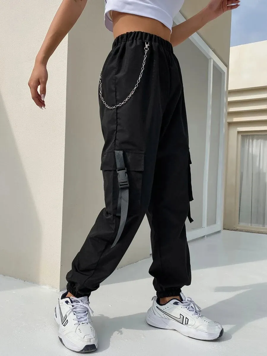 New Shein Flap Pocket Buckle Tape Cargo Pants With Chain, Black, sz S! Rated 4.81 out of 5 stars! Fits True