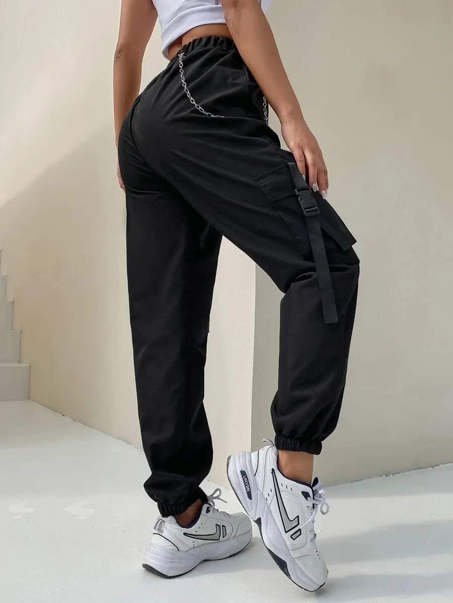 New Shein Flap Pocket Buckle Tape Cargo Pants With Chain, Black, sz S! Rated 4.81 out of 5 stars! Fits True