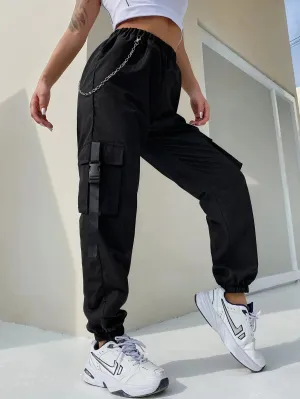 New Shein Flap Pocket Buckle Tape Cargo Pants With Chain, Black, sz S! Rated 4.81 out of 5 stars! Fits True