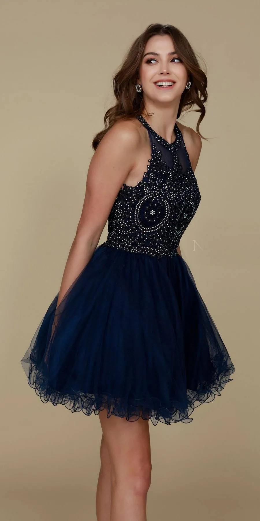 Nox Anabel B652 Short Dress Poofy A-Line Tulle Skirt Halter Neck