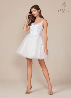 Nox Anabel H846W Short Glitter Sequin Applique White A-Line Dress