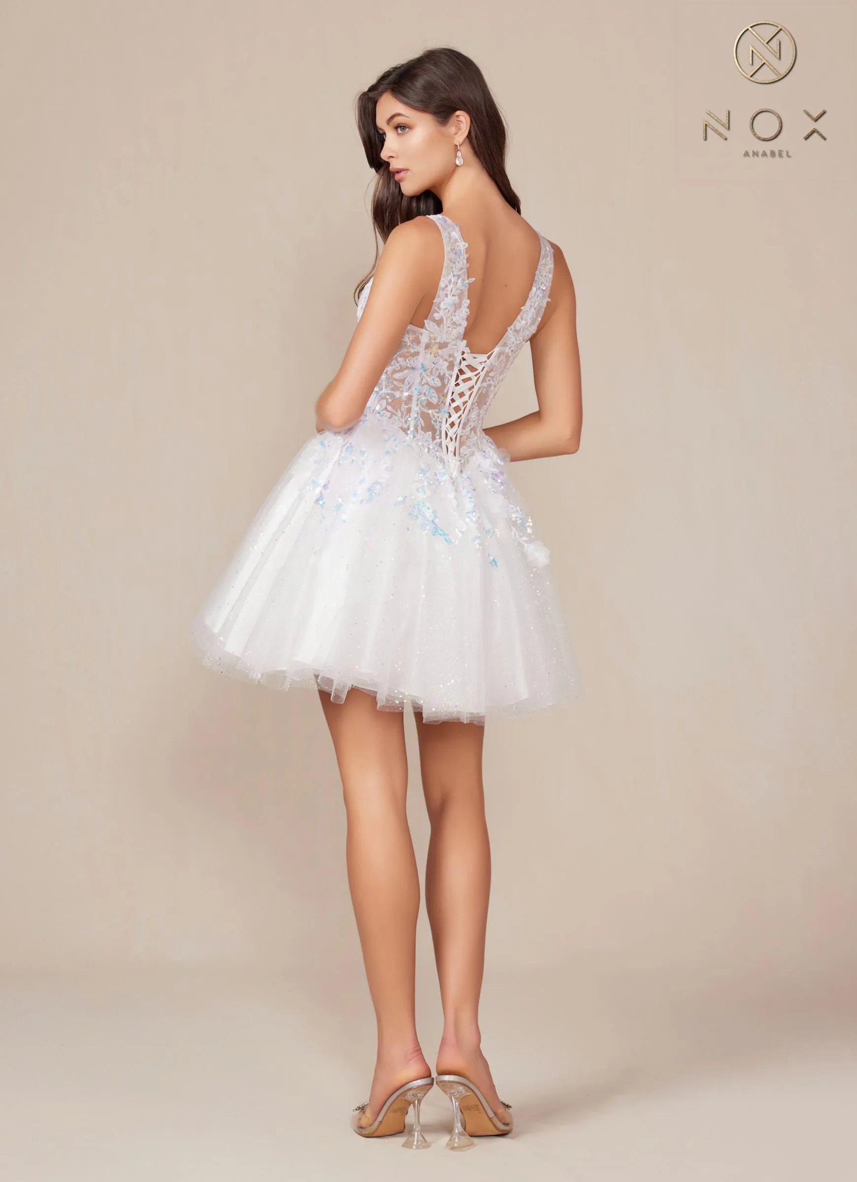 Nox Anabel H846W Short Glitter Sequin Applique White A-Line Dress