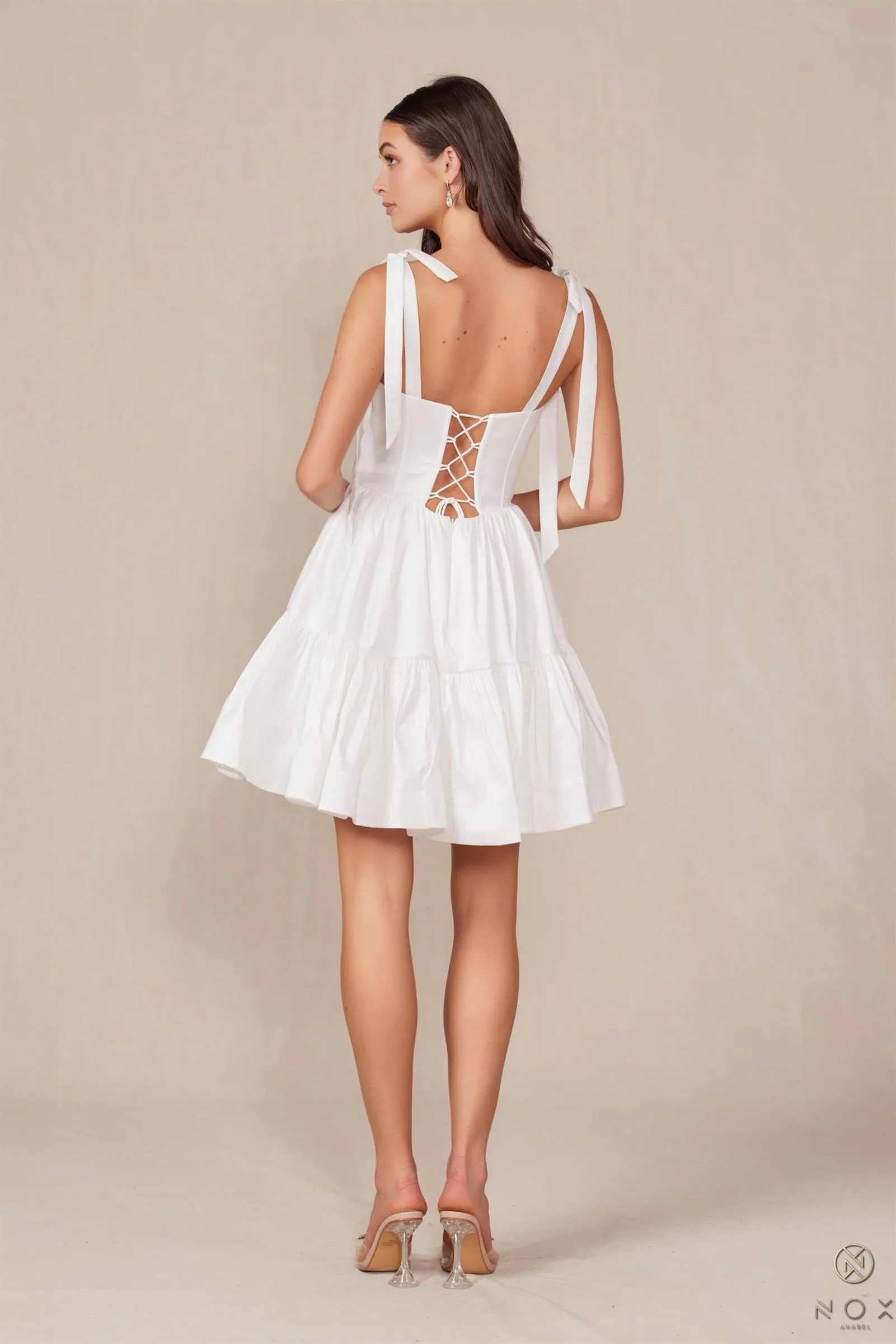 Nox Anabel T869W White Dress A-Line Semi Sweetheart Ribbon Straps
