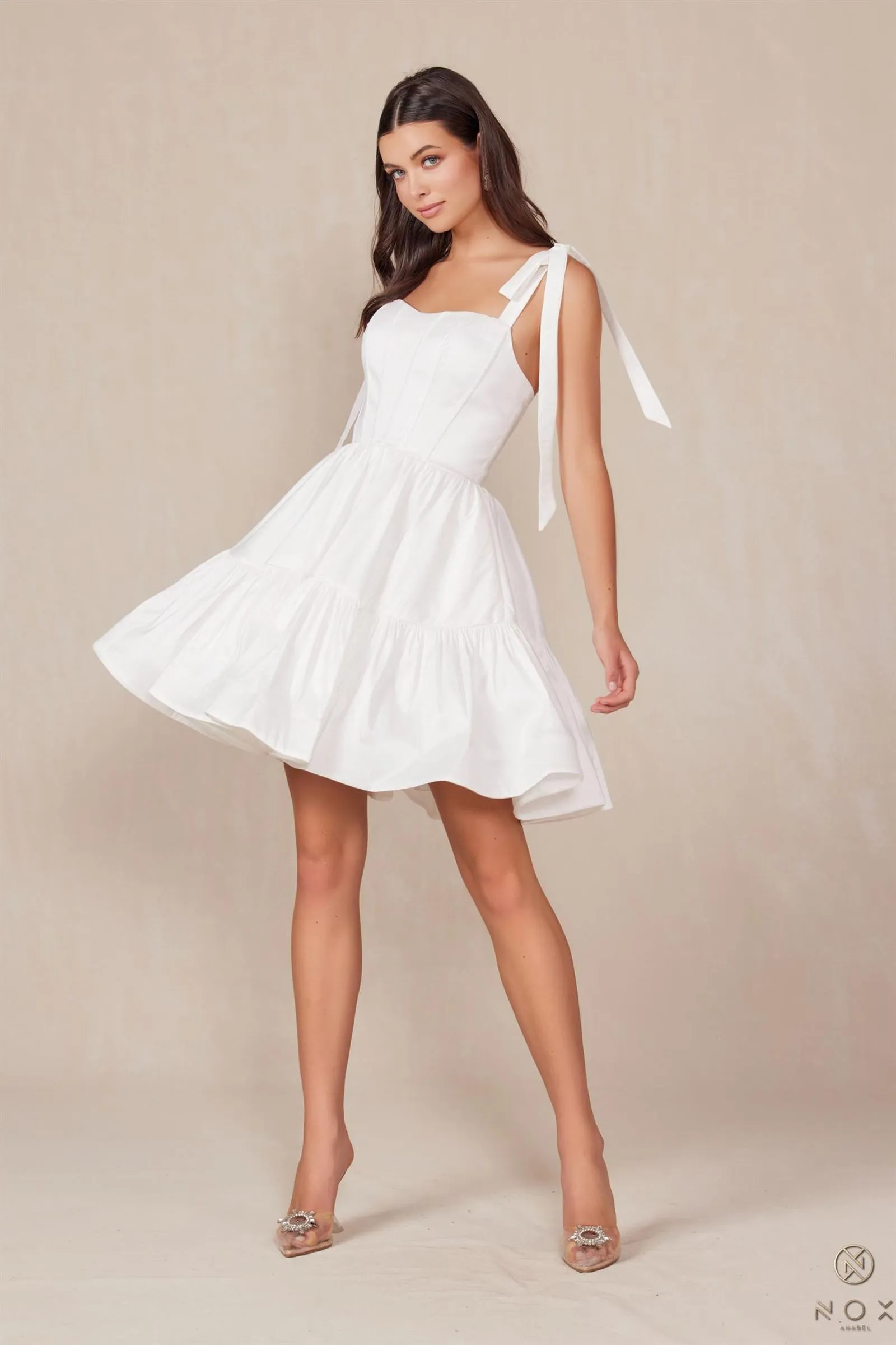 Nox Anabel T869W White Dress A-Line Semi Sweetheart Ribbon Straps