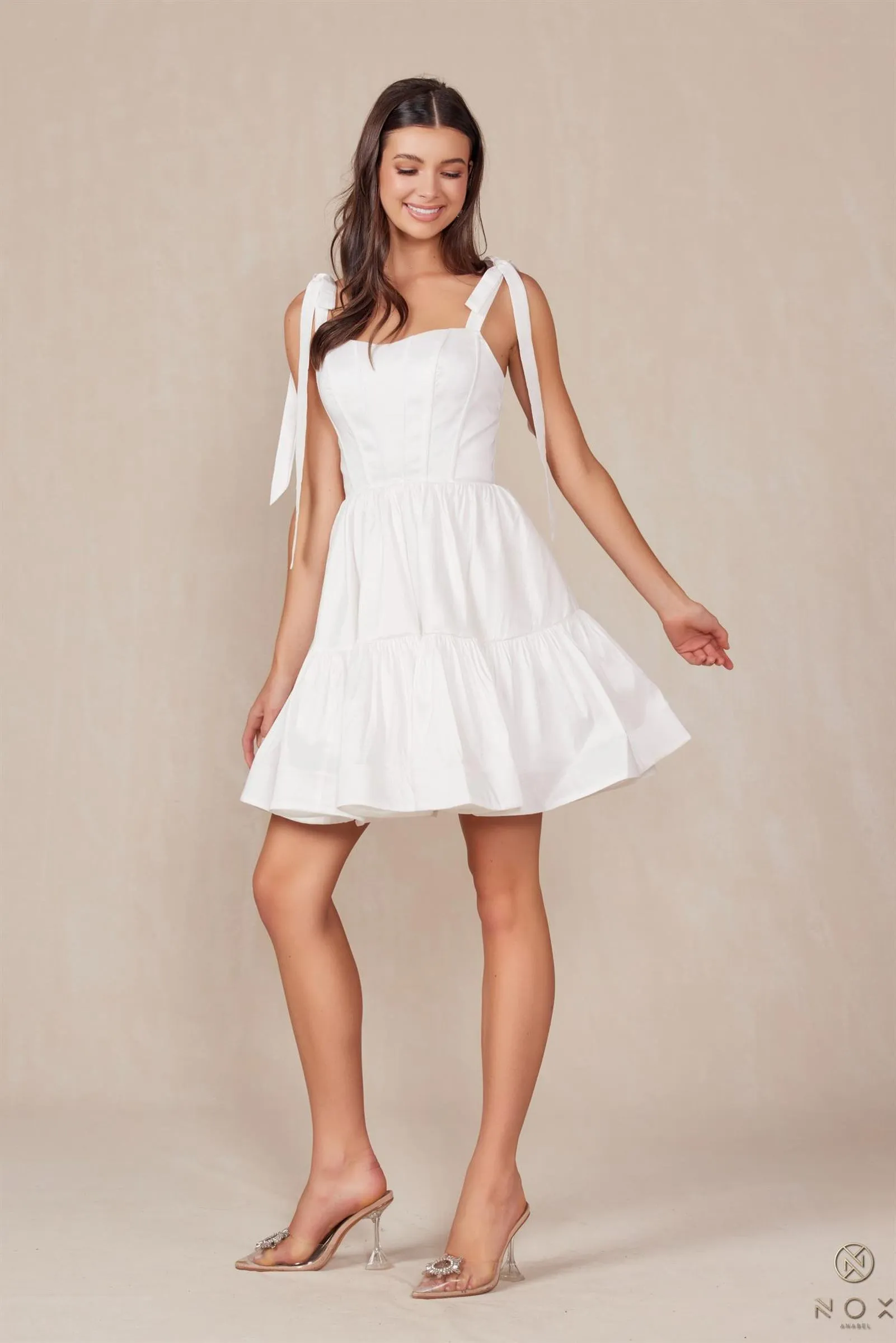 Nox Anabel T869W White Dress A-Line Semi Sweetheart Ribbon Straps