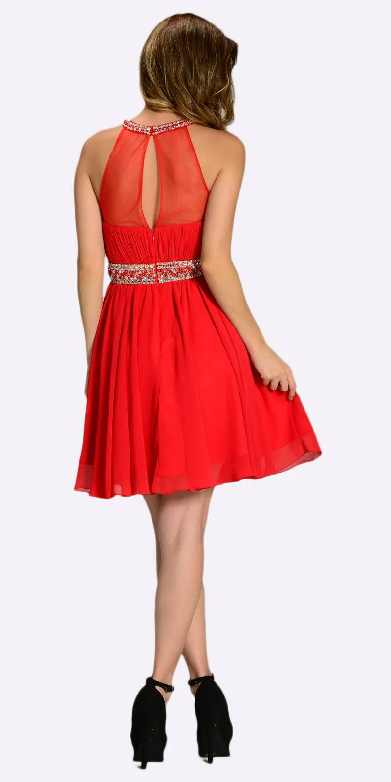 Poly USA 7236 Short Chiffon A Line Dress Beaded Halter Neck