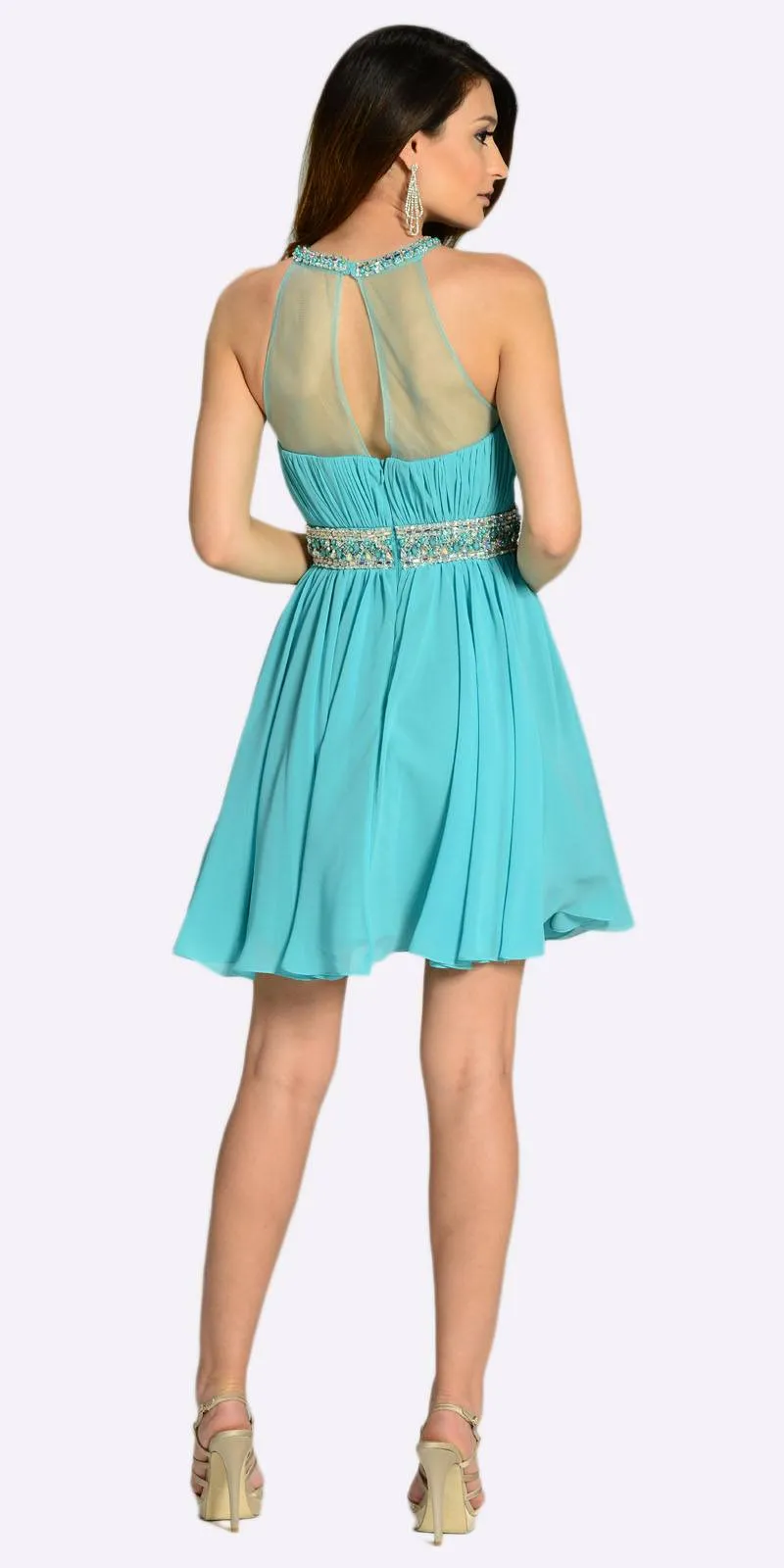 Poly USA 7236 Short Chiffon A Line Dress Beaded Halter Neck
