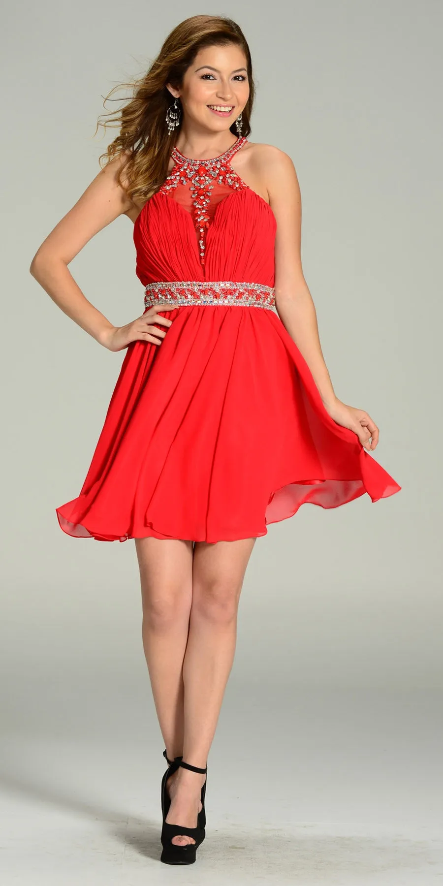 Poly USA 7236 Short Chiffon A Line Dress Beaded Halter Neck