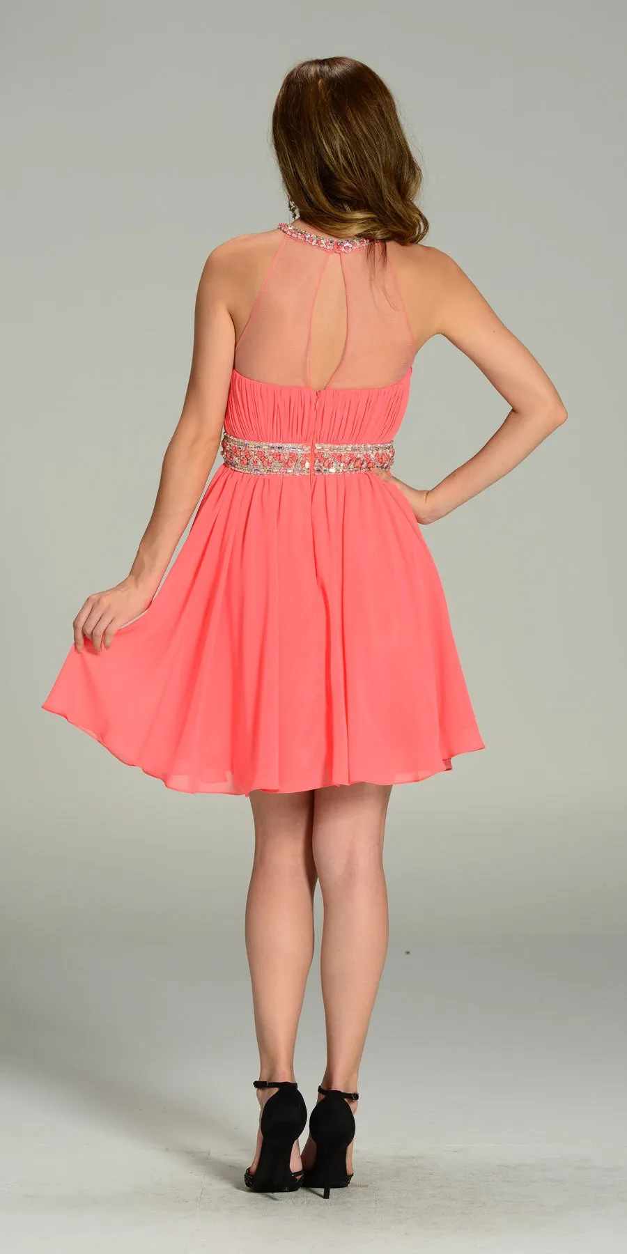 Poly USA 7236 Short Chiffon A Line Dress Beaded Halter Neck
