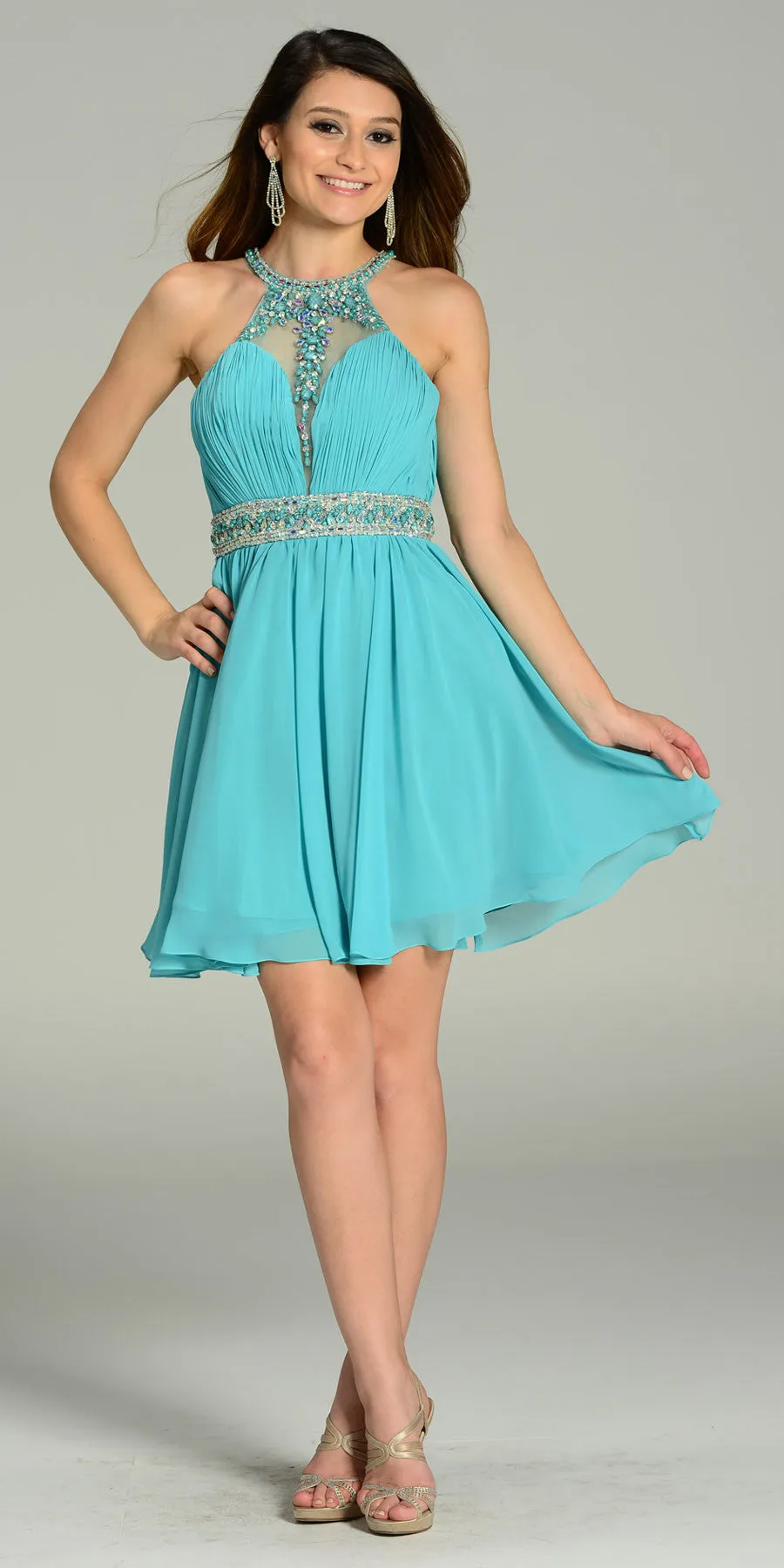Poly USA 7236 Short Chiffon A Line Dress Beaded Halter Neck