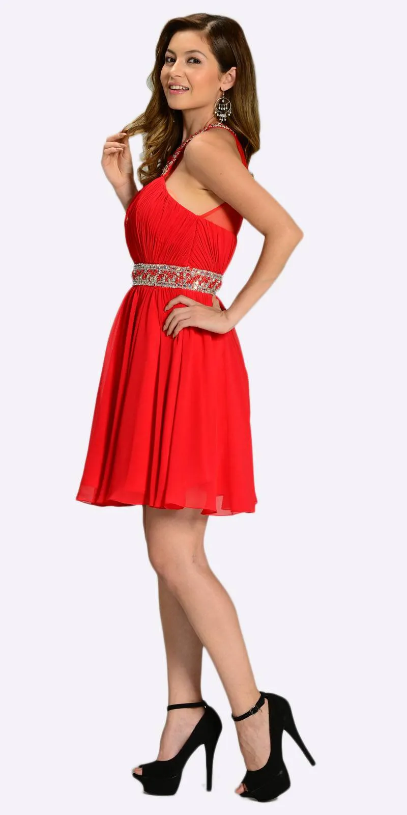 Poly USA 7236 Short Chiffon A Line Dress Beaded Halter Neck