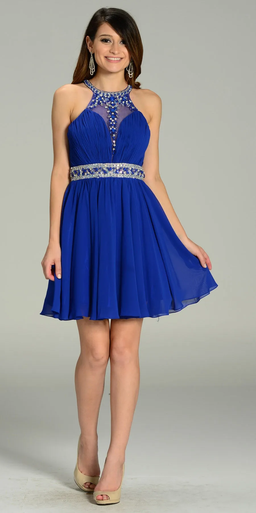 Poly USA 7236 Short Chiffon A Line Dress Beaded Halter Neck