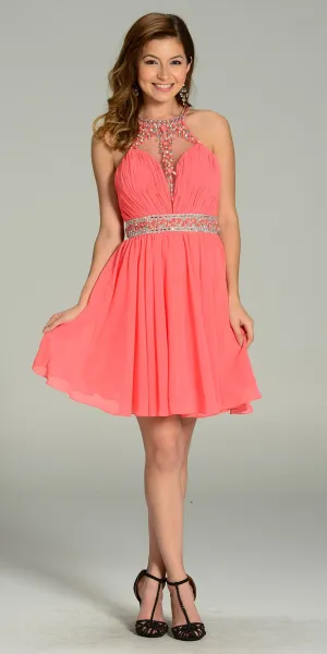 Poly USA 7236 Short Chiffon A Line Dress Beaded Halter Neck