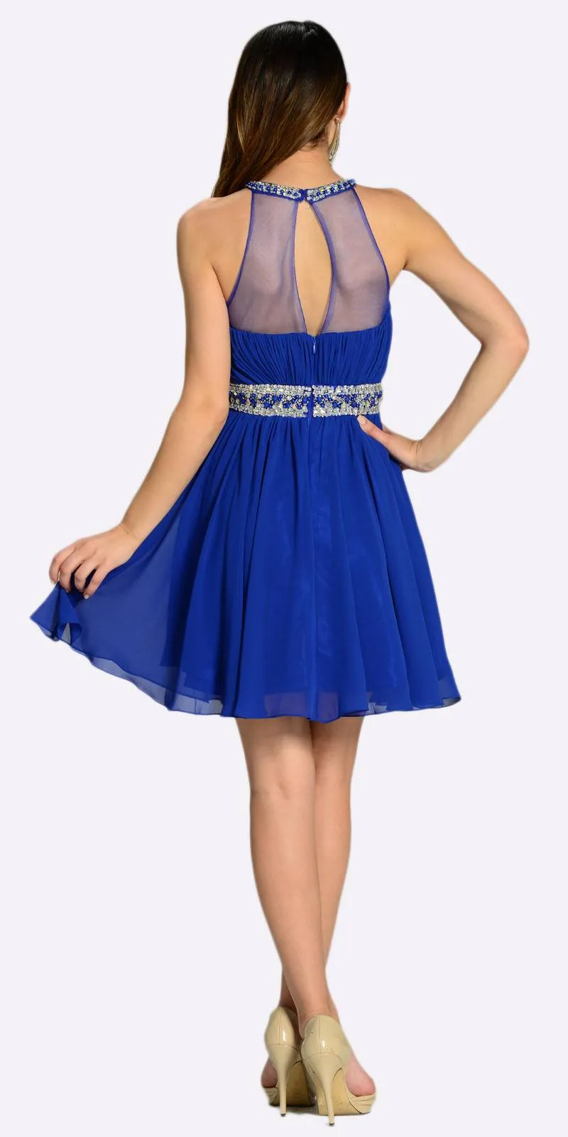 Poly USA 7236 Short Chiffon A Line Dress Beaded Halter Neck