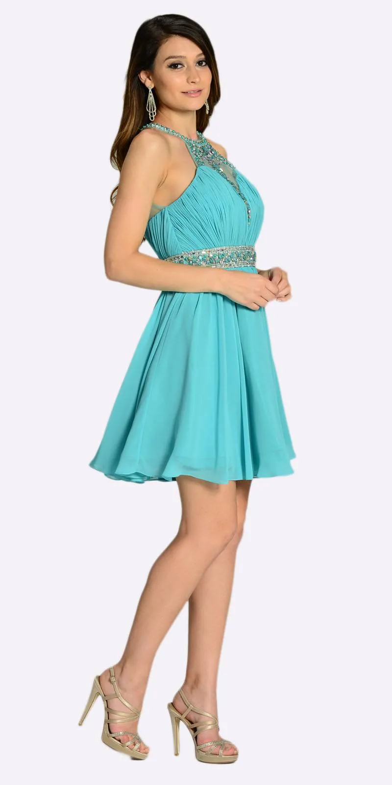 Poly USA 7236 Short Chiffon A Line Dress Beaded Halter Neck