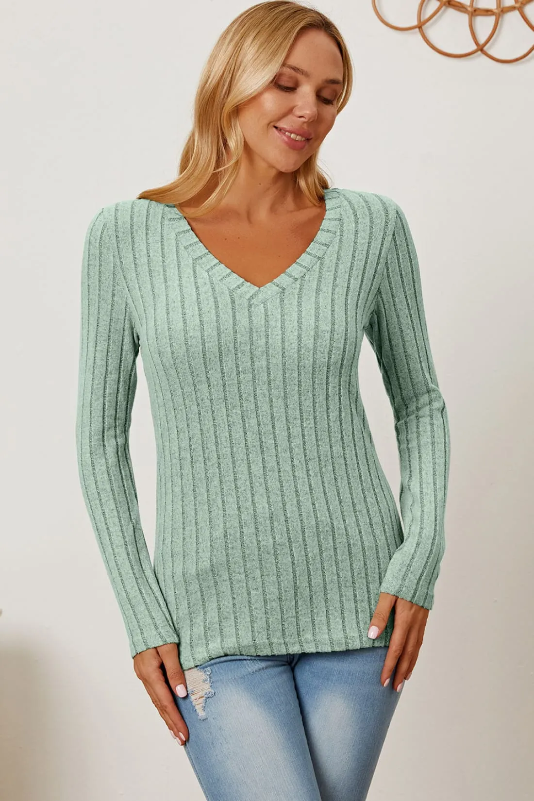 Ribbed V-Neck Long Sleeve T-Shirt