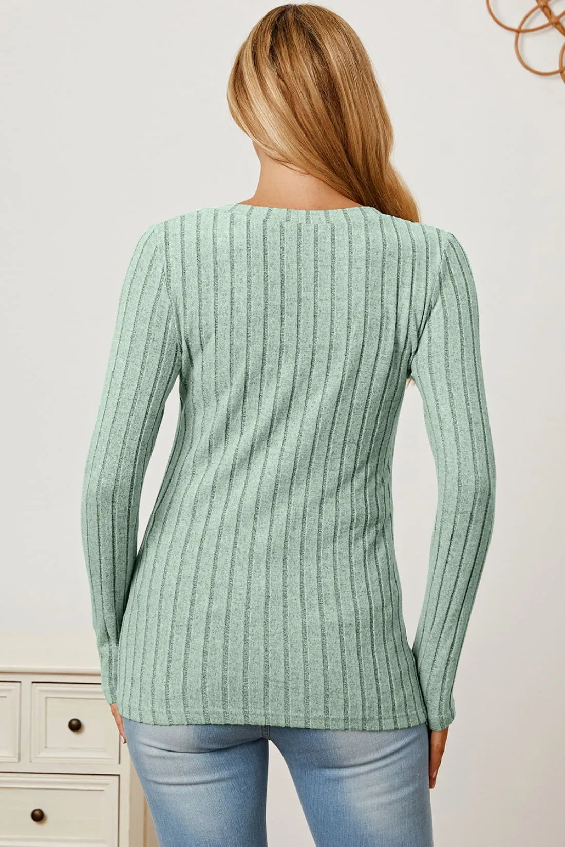 Ribbed V-Neck Long Sleeve T-Shirt