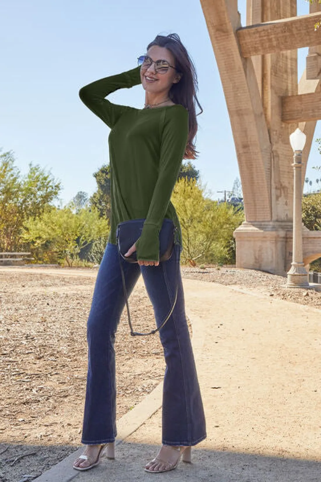 Round Neck Thumbhole Long Sleeve T-Shirt