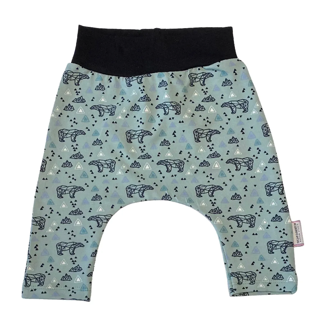 Sage Green Geometric Bear Set Harem Pants & Topknot Hat