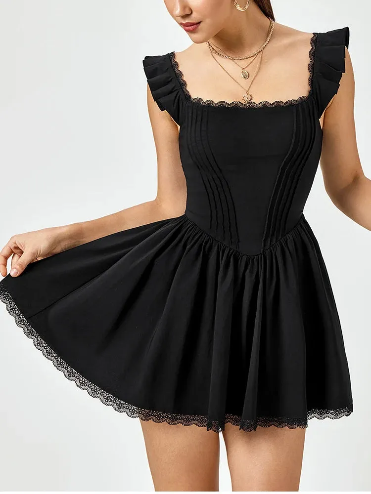 Square Neck Lace Corset Ruched Dress