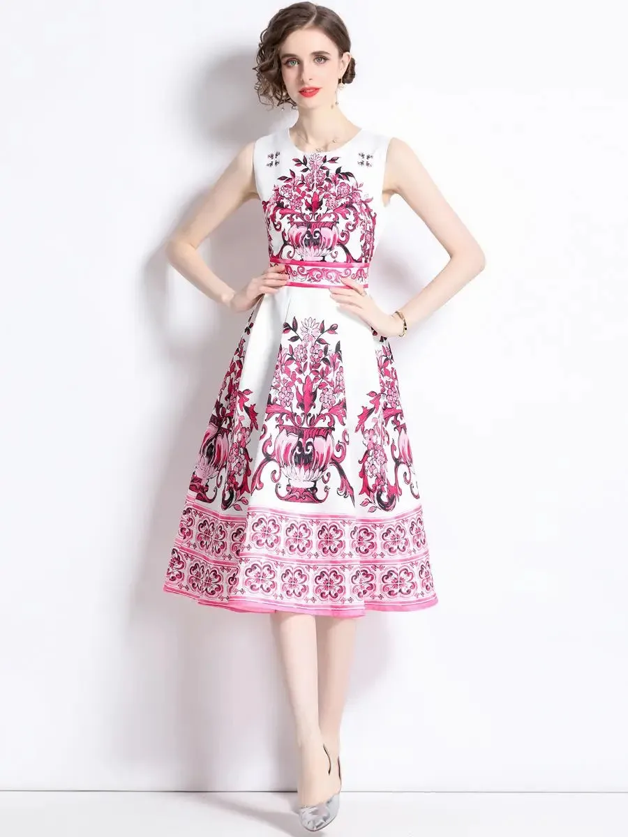 Summer Vintage Tank Yellow Blue Pink Flower Dresses