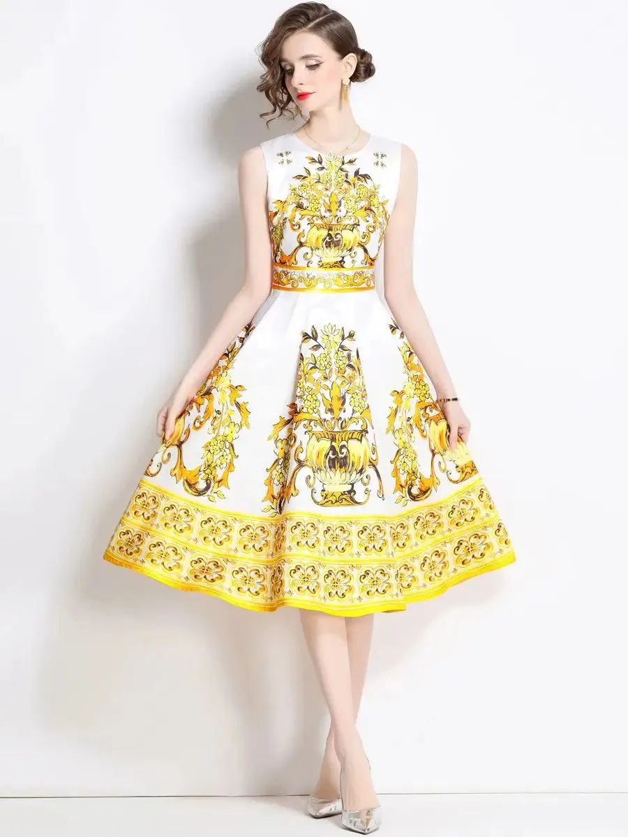 Summer Vintage Tank Yellow Blue Pink Flower Dresses