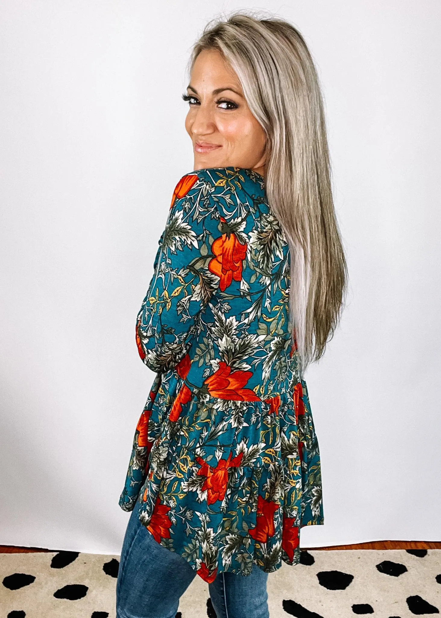 Teal Printed Tiered Top