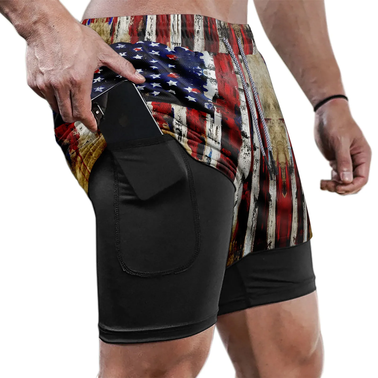 USA FLAG QUICKDRY POCKET 2 IN 1 18'' RUNNING SHORTS