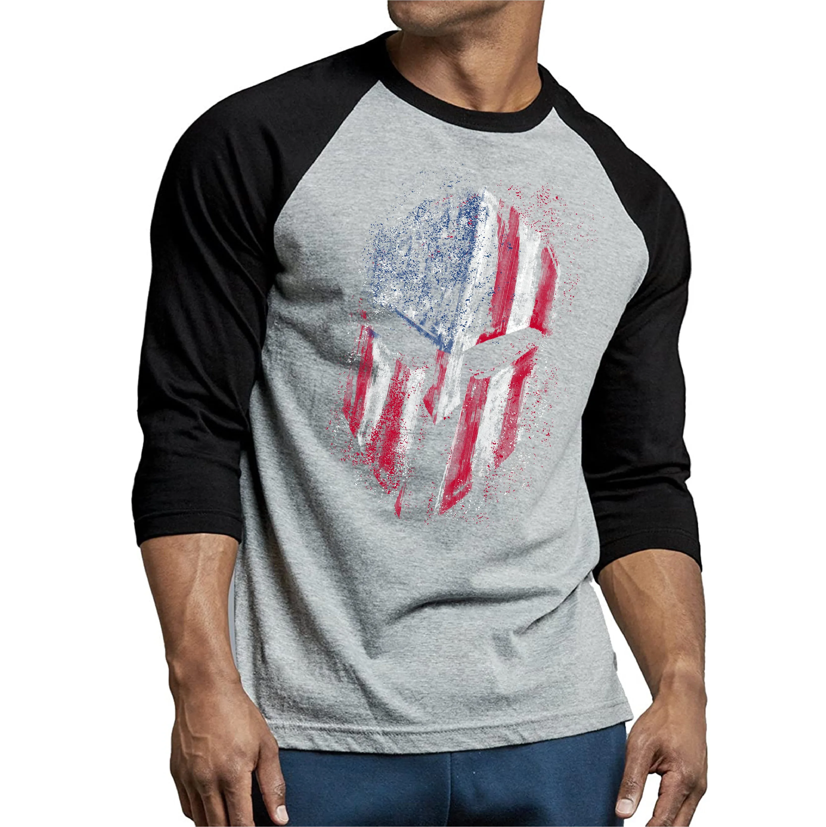 USA FLAG SPARTAN GRAPHIC 3/4 SLEEVE RAGLAN T-SHIRT
