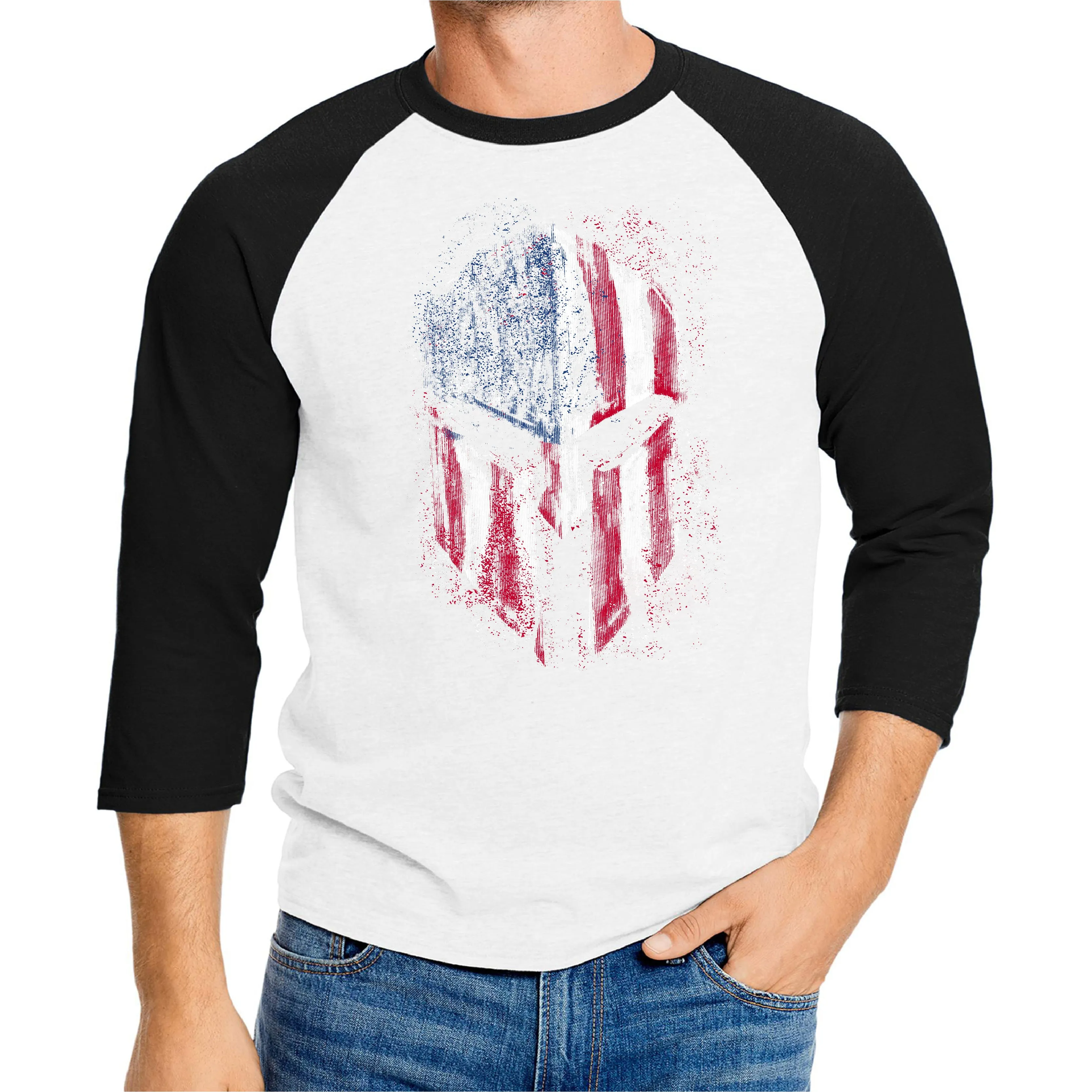 USA FLAG SPARTAN GRAPHIC 3/4 SLEEVE RAGLAN T-SHIRT