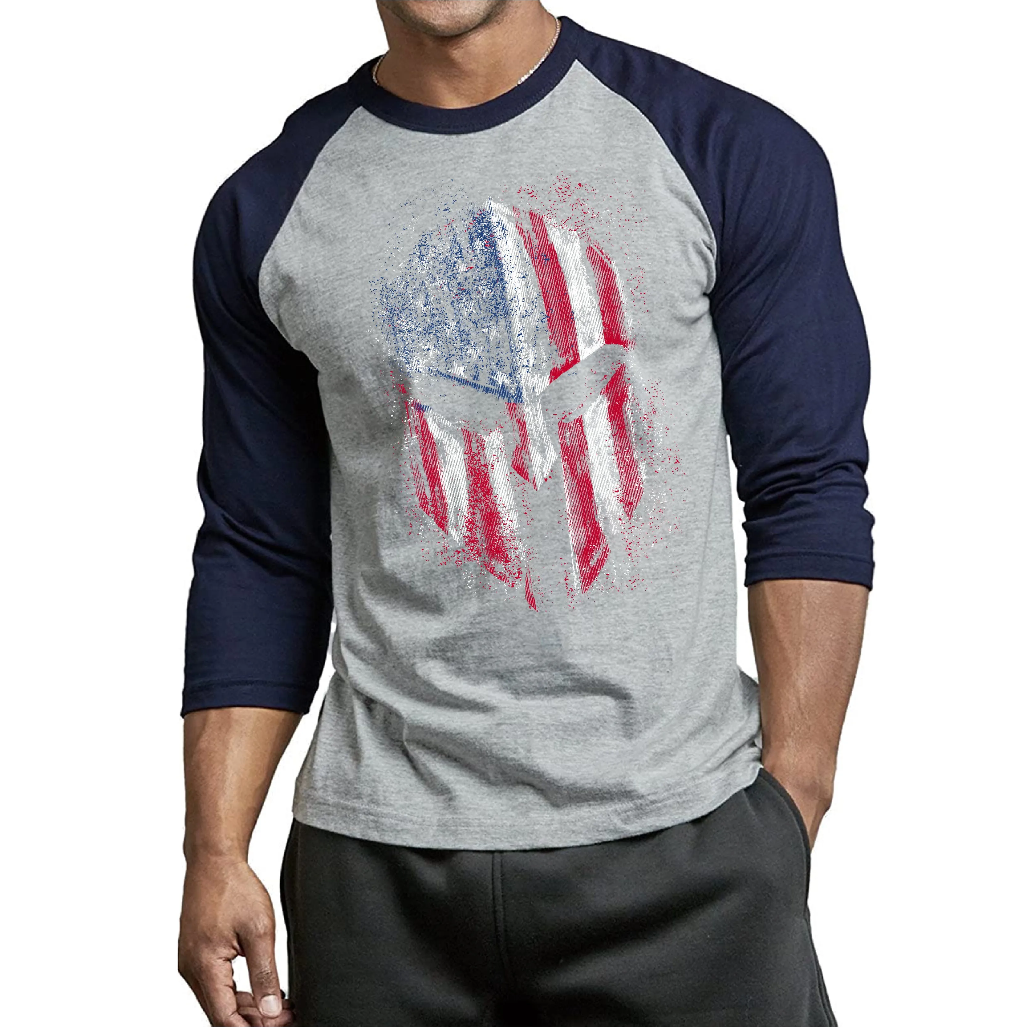 USA FLAG SPARTAN GRAPHIC 3/4 SLEEVE RAGLAN T-SHIRT