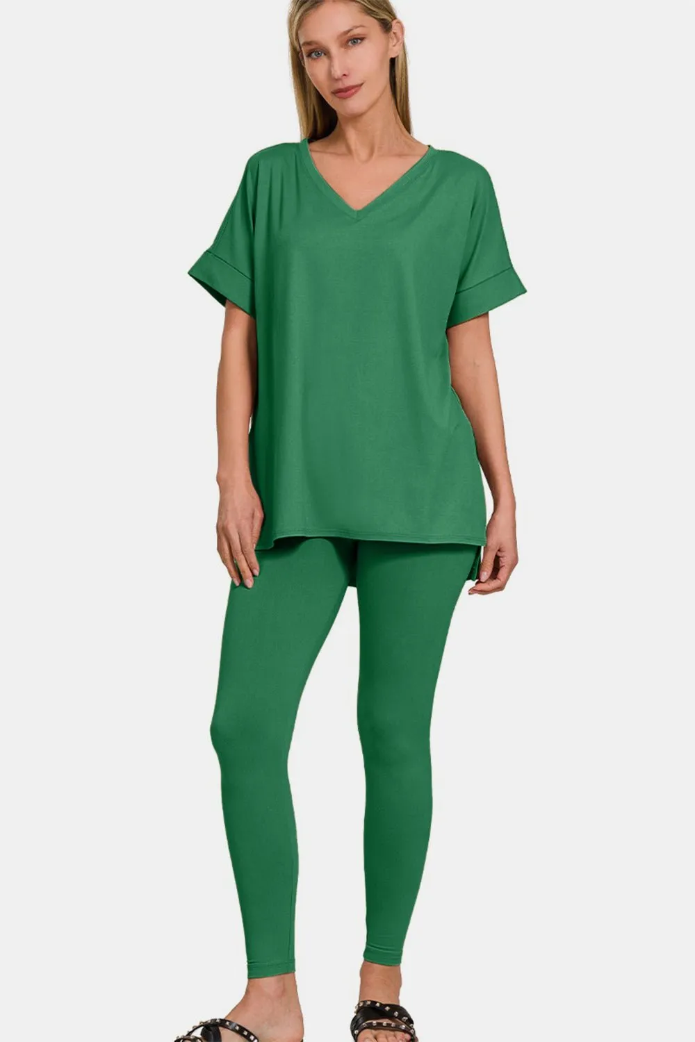 V-Neck Rolled Short Sleeve Lounge Set