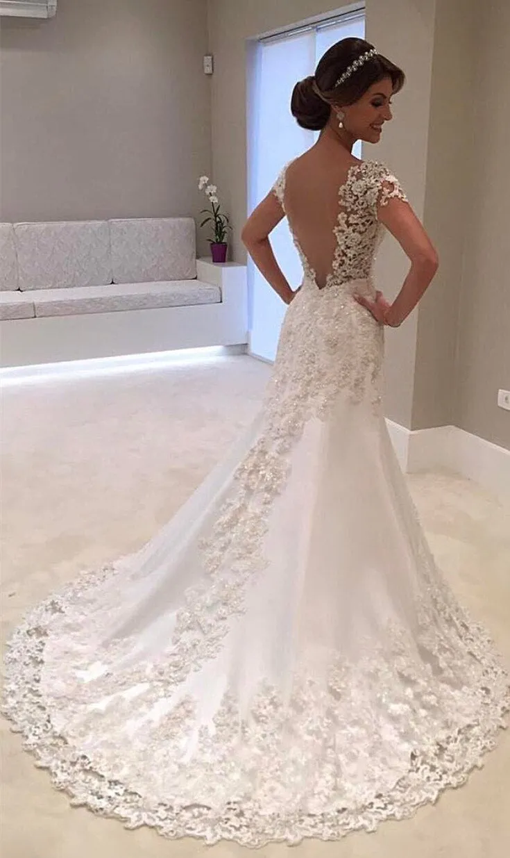 Wedding Dress V-Neck Short Sleeve Wedding Gown Bride Dress