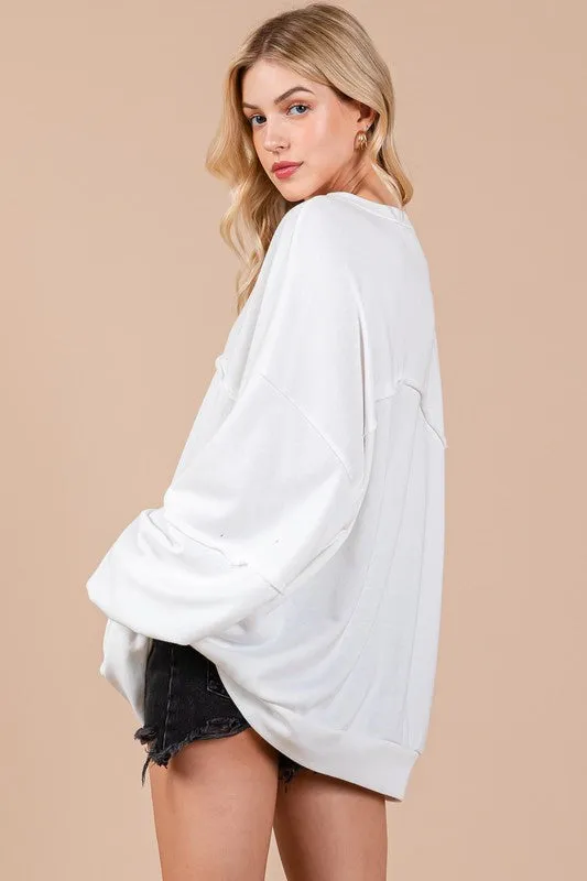 White Exposed Seam Long Sleeve Sweatshirt