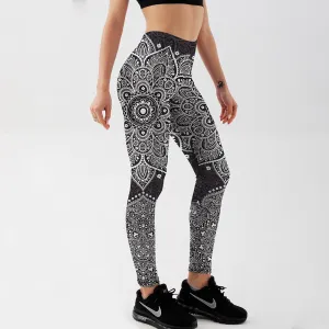Women's Leggings White & Black Mandala Floral Printed Leggings