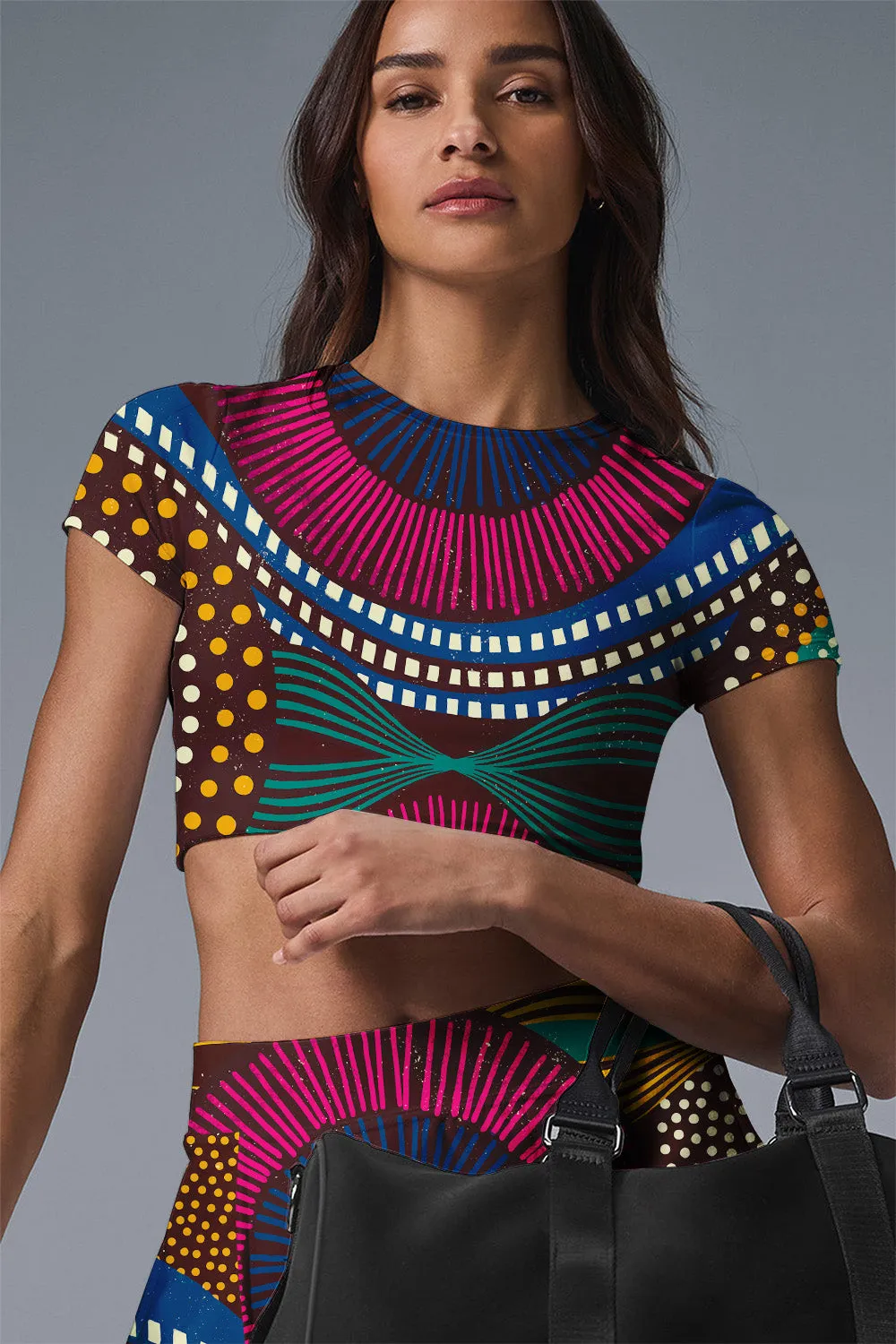 Women's Open Back Crop Top and Skort Set – 2-Piece Activewear Outfit with Burst Print for Tennis, Gym & Festival Looks